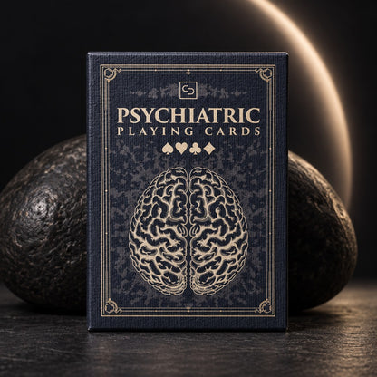 The Psychiatric Playing Cards tuck box, gold-foiled on navy, standing beside dark stones