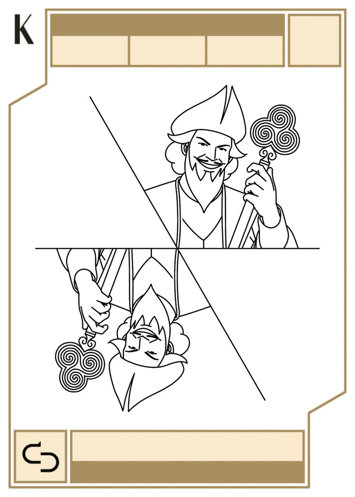 Line art of the Tranylcypromine King of Spades on the card template, before colour