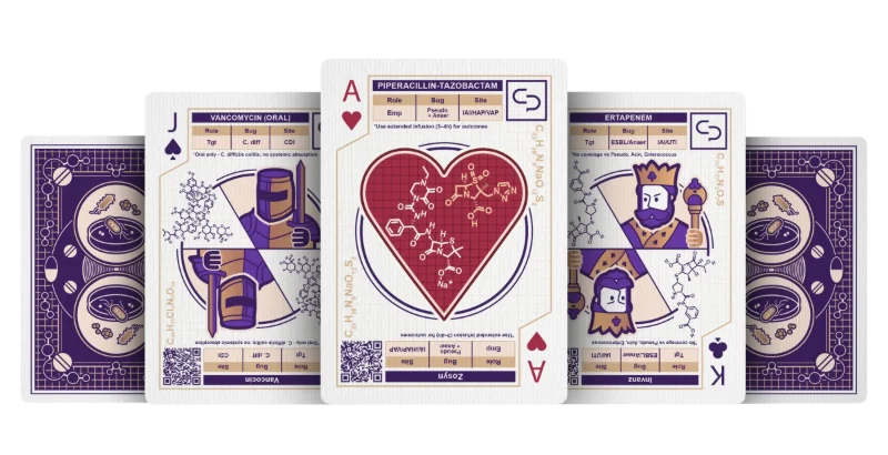 Antibiotic deck cards fanned out: the Jack (Vancomycin), Ace (Piperacillin-Tazobactam) and King (Ertapenem) between two card backs.