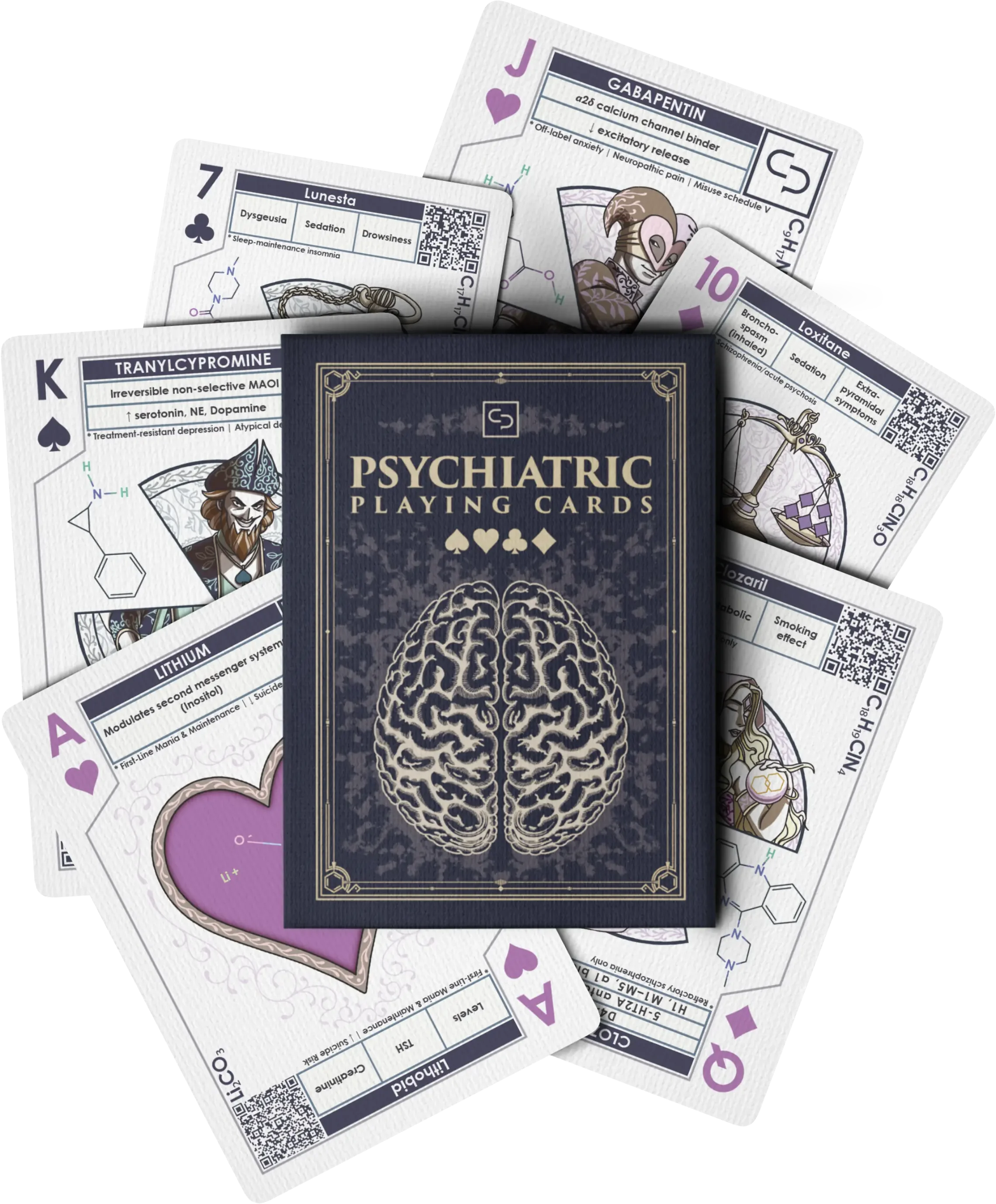 The Psychiatric deck: its tuck box resting on a fan of card faces